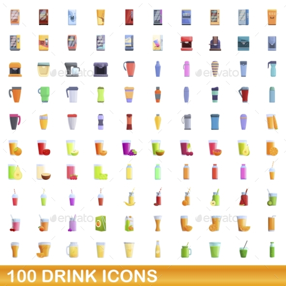 100 Drink Icons Set Cartoon Style