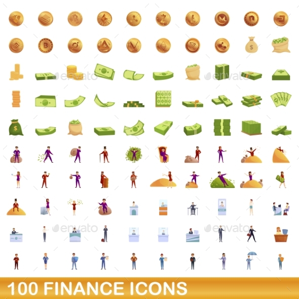 100 Finance Icons Set Cartoon Style