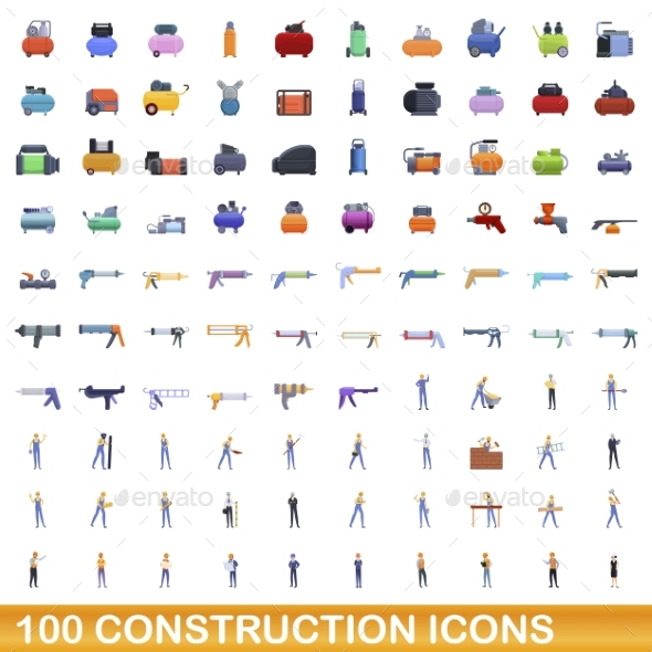 100 Construction Icons Set Cartoon Style