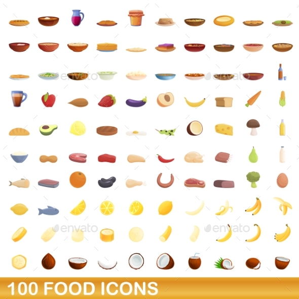 100 Food Icons Set Cartoon Style