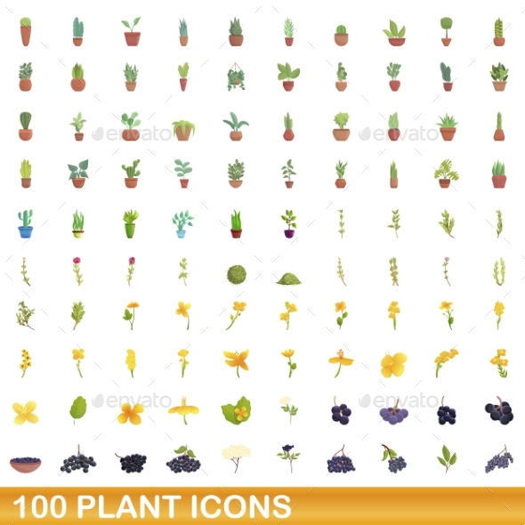 100 Plant Icons Set Cartoon Style