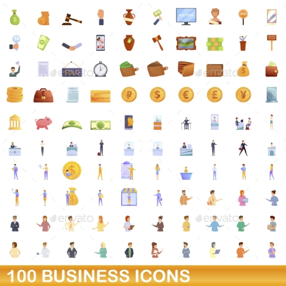 100 Business Icons Set Cartoon Style