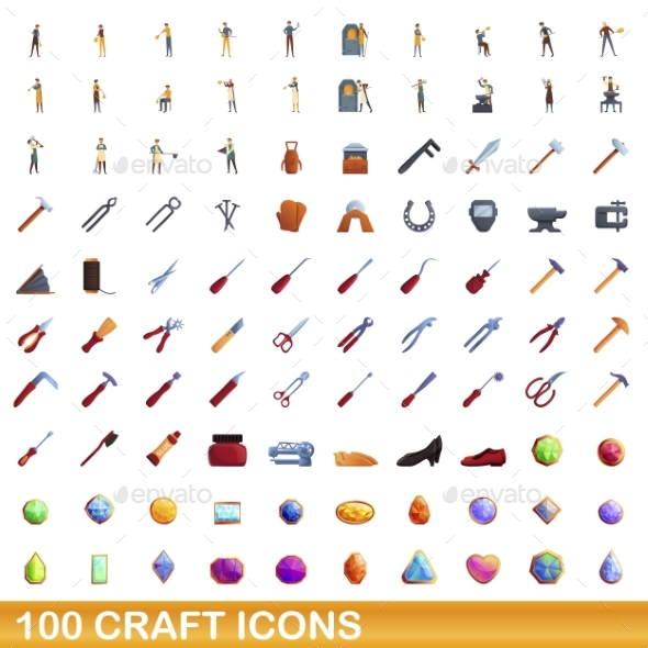 100 Craft Icons Set Cartoon Style