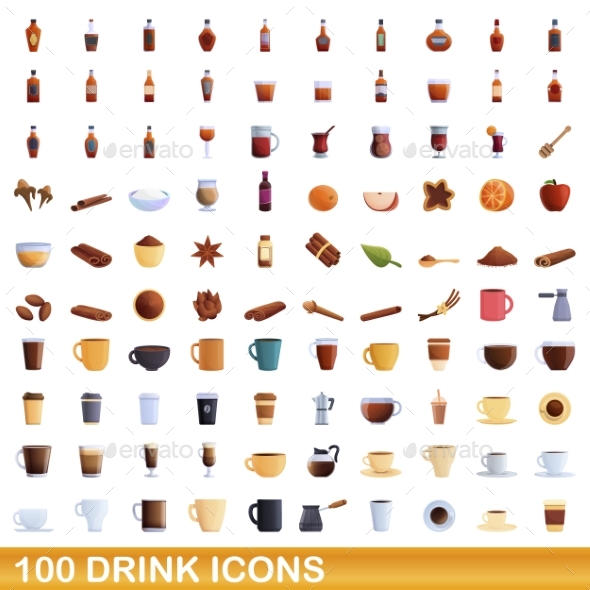 100 Drink Icons Set Cartoon Style