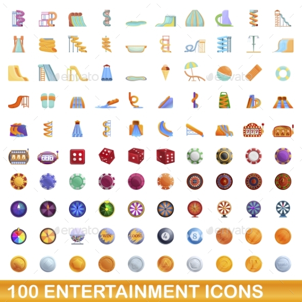 100 Entertainment Icons Set Cartoon Style