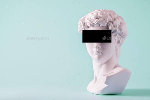 Statue of a bust of Roman David and cryptocurrency NFT and coding
