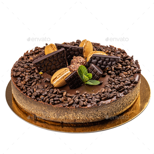 Chocolate cake decorated with melted chocolate