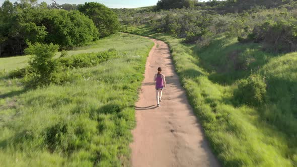 Aerial of Young Woman Running on a Forest Trail at Sunset alt