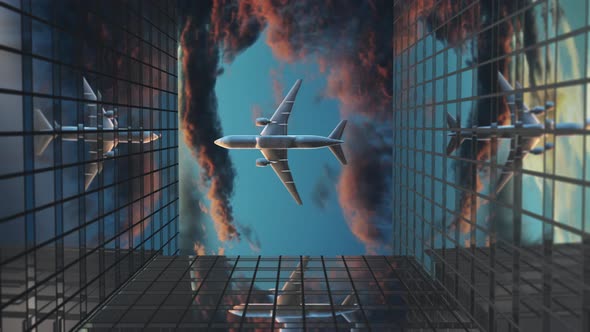 The Plane Flies Over The Business Skyscrapers alt