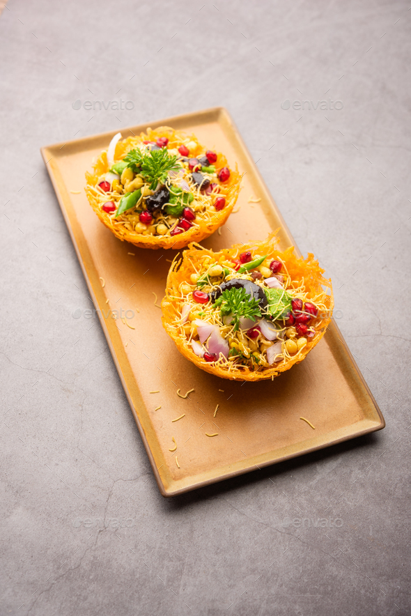 Aloo Tokri Chaat or Potato Basket stuffed chat or katori chat Stock Photo by stockimagefactory
