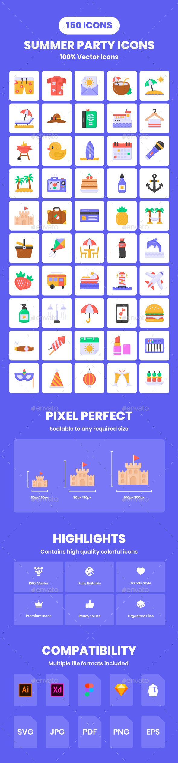 Pack of 150 Flat Summer Icons
