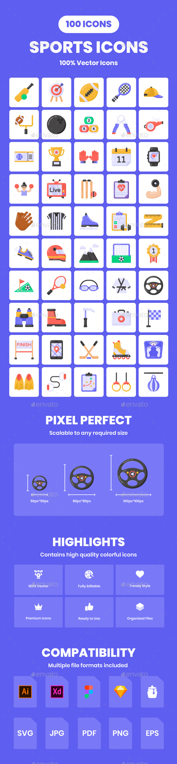 100 Sports Flat Vector Icons