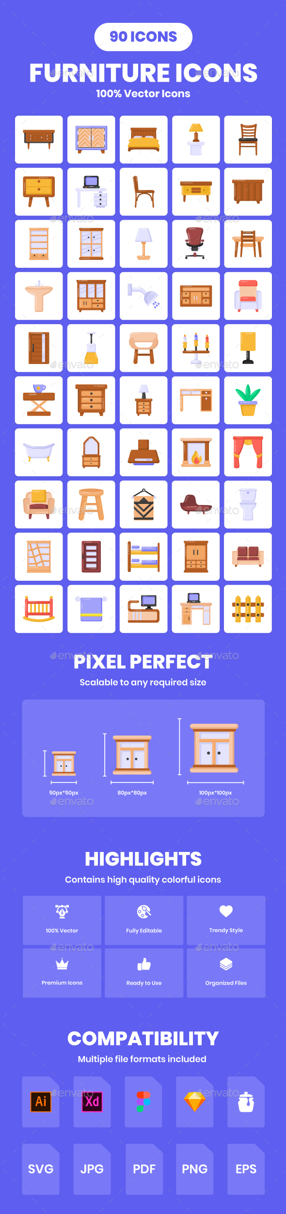 90 Flat Furniture Vector Icons