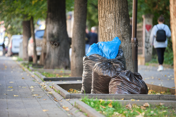 Heap of plastic trash bags on curb waiting for sanitation pickup