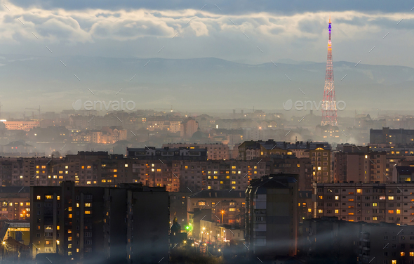 Panorama of night aerial view of Ivano-Frankivsk city, Ukraine. Scene of modern night city with - Stock Photo - Images