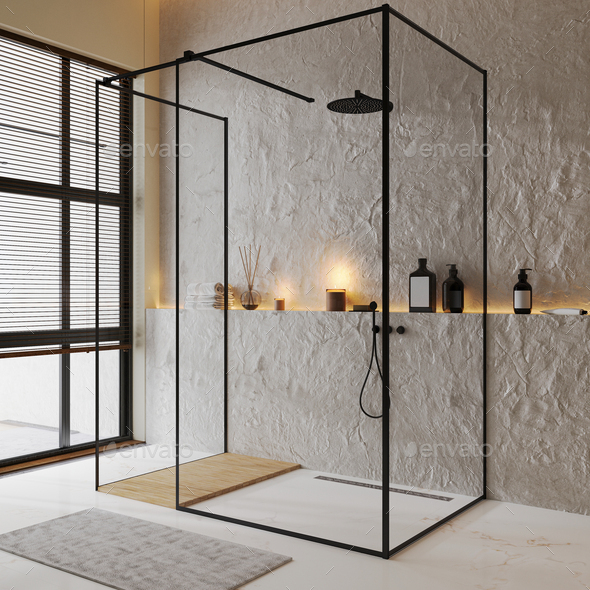 shower cabin in luxury contemporary bathroom interior with decorative walls  and tile floor Stock Photo by OleksandrShcherban