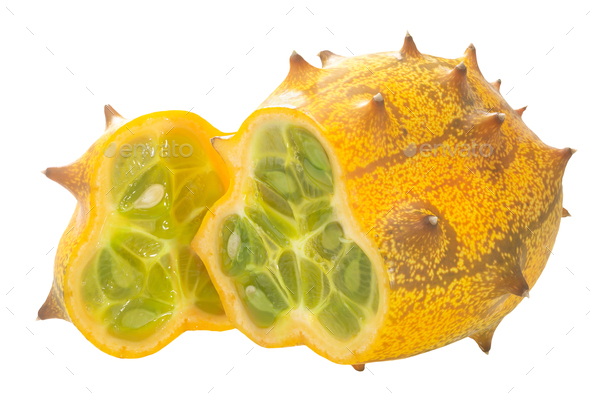 Kiwano or Horned Melon isolated.  Ripe cut Cucumis metuliferus pepo fruit - Stock Photo - Images