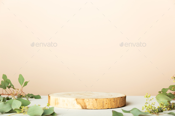 Wood slice podium on beige background for cosmetic product mockup Stock  Photo by klenova