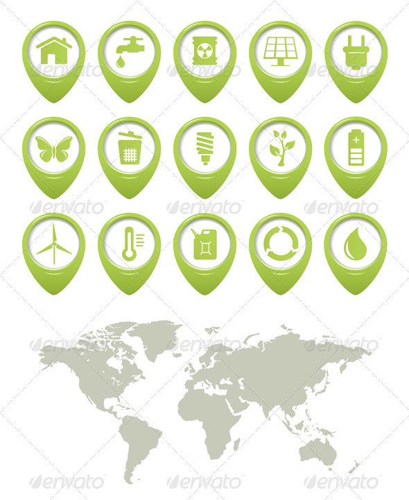 Ecology Buttons Set And World Map - Web Elements Vectors