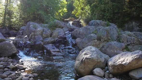 Wide View Showing Water Rush Down Stream between Large Rocks