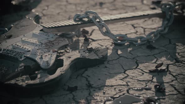 Close Up of Broken Guitar with Blood in Desert alt