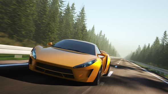 Sports car driving fast through the forest. High speed automotive concept.