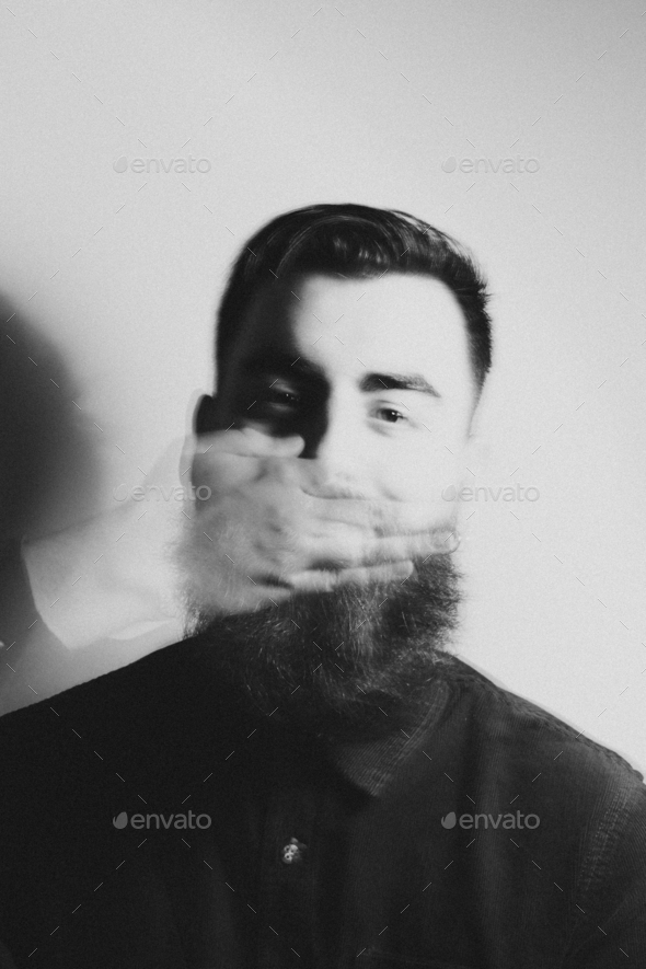 Black and white double exposition portrait of a hipster man mental health concept