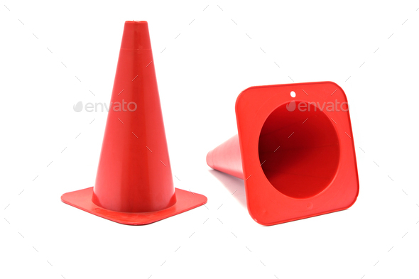 Road cone signal. Red plastic cone with reflective stripes isolated on white background. - Stock Photo - Images