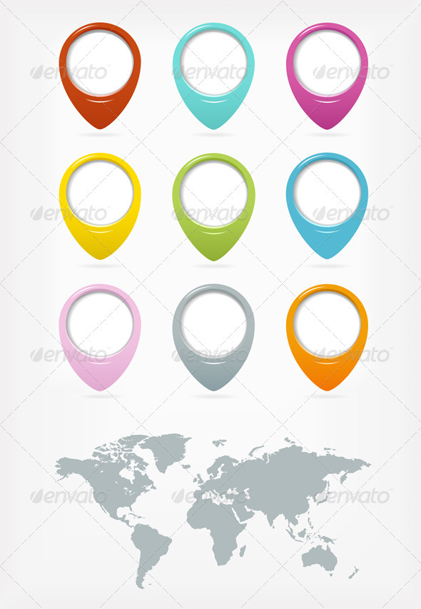 Colorful Web Pointers Set With World Map - Web Elements Vectors