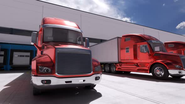 Semi-trailer trucks in front of a warehouse. Logistics transport freight loop 4K