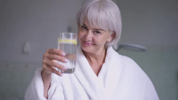 Portrait of Confident Middle Aged Greyhaired Woman Toasting Drinking Detox Lemon Water in Slow alt