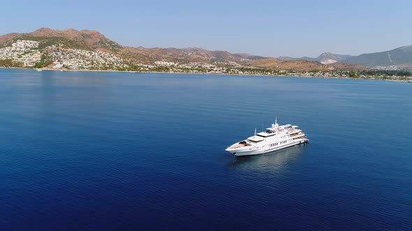 Aerial shot of the yacht in the  Aegean. Concept of luxury lifestyle, Turkey