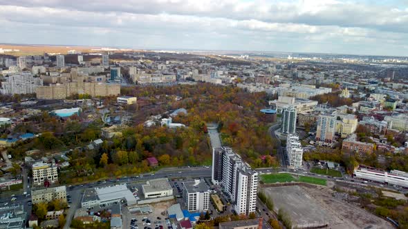 Speedup aerial autumn city park in Kharkiv Ukraine
