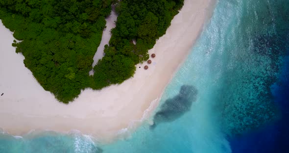 Wide overhead tourism shot of a paradise sunny white sand beach and blue ocean background in colourf alt