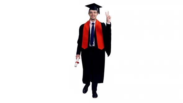 Happy Smiling Graduating Student Walking And Showing V Sign