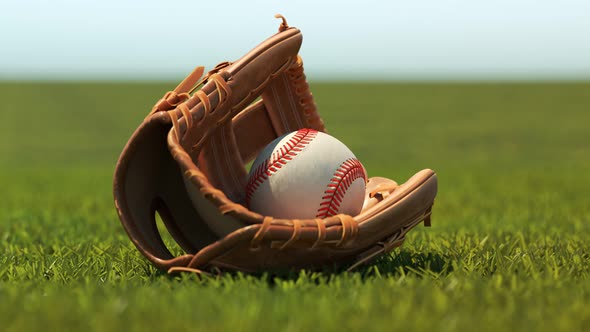 Vintage leather baseball glove with a ball lying down on a fresh stadium grass. alt