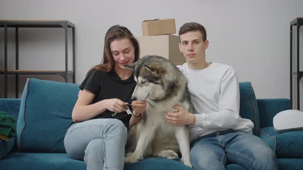 Young Couple with an Adult Dog are Sitting on a Soft Sofa in a Bright Apartment alt