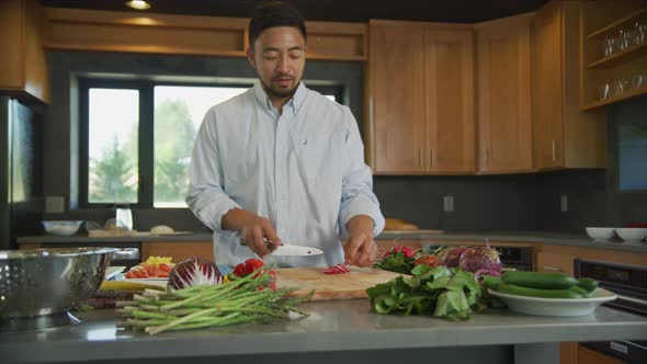 Chef in kitchen cutting vegetables