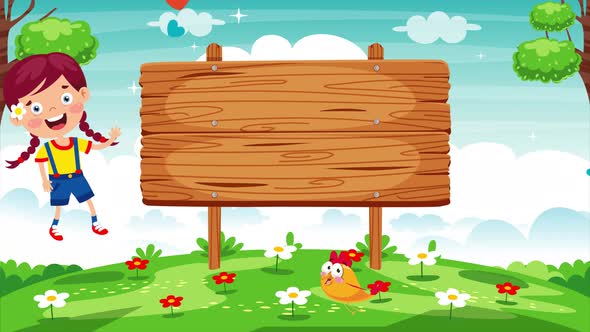 Children And Blank Wooden Sign Board alt