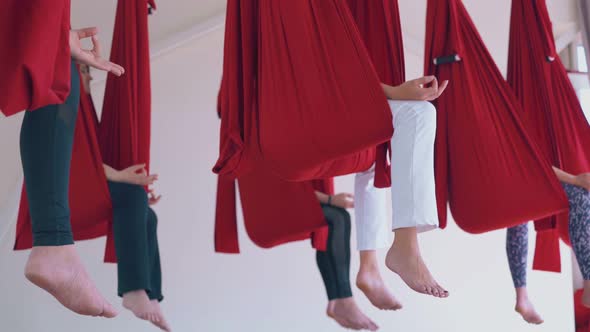 Women Legs with Bare Feet Hang Down From Fly Yoga Hammocks alt