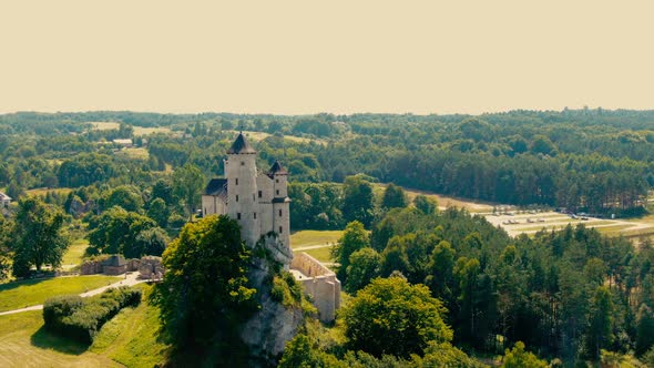 Morning aerial view on the medieval royal castle Bobolice. Poland. High quality 4k footage alt