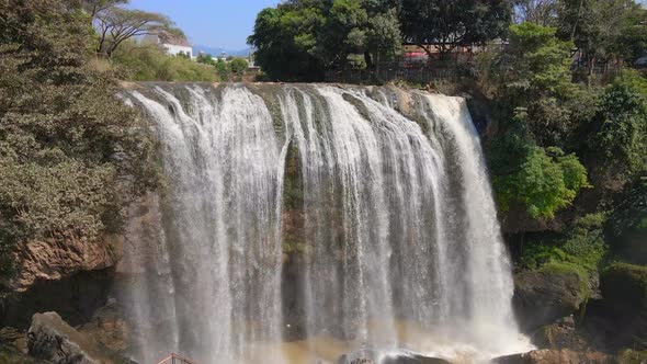 Aerial Shot of the Elephant Waterfall in the City of Dalat in the Southern Part of Vietnam alt