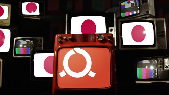 Flag of Fukushima Prefecture and Japan Flags on Retro TVs. alt