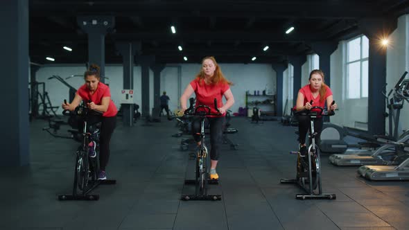 Athletic Women Group Riding on Spinning Stationary Bike Training Routine in Gym Weight Loss Indoors alt