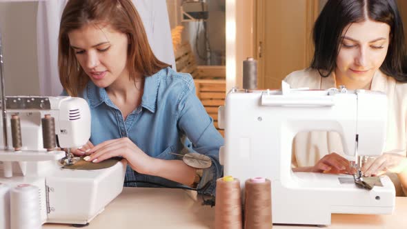 Women Seamstresses Sweep Away Sew Fabric Details of Future Clothes