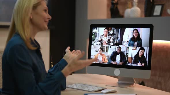 Caucasian Business Woman Have Negotiation Female Talking By Video Call with Multiracial Business alt