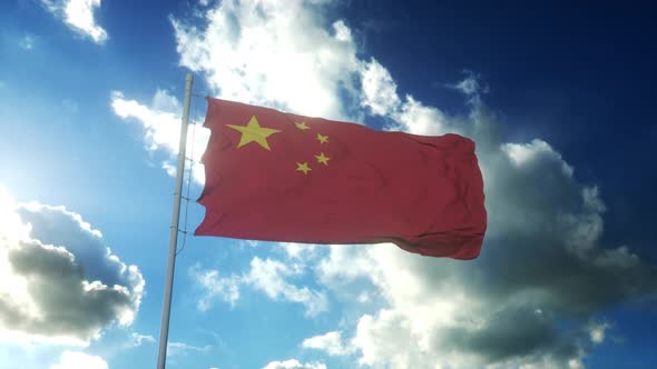 Red Flag of China Waving at Wind Against Beautiful Blue Sky alt