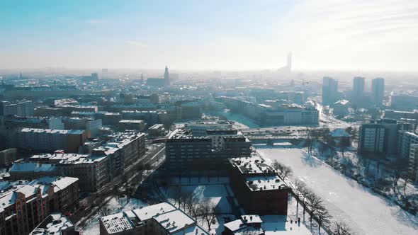 Aerial View of the Snowcovered Street in the City of Wroclaw alt