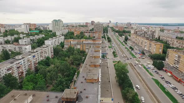Aerial View of Samara City, Over Roofs of Houses, Tram Lines and Crossroads Junction