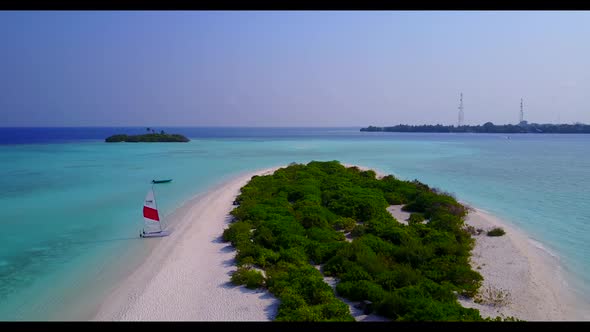 Aerial top view panorama of idyllic island beach journey by blue water with white sand background of alt